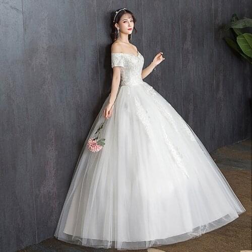 Fashion Cheap Ivory Organza Lace Wedding Dresses 2021 Appliques Boat Neck Short Sleeves China Bridal Gowns Plus Sizes