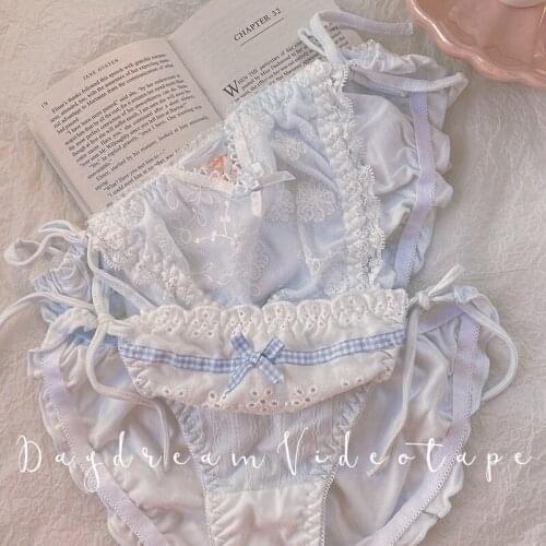 Blue Grid Bandage Japanese Underwear Maiden Unbound Lolita Girl Sweet Cute Sexy Lace Bow Briefs Low-waistline PantiesVentilation
