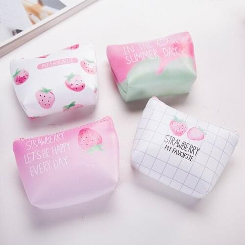New Cute strawberry leather coin purse women pink pu short wallet girls coins storage key cards bag