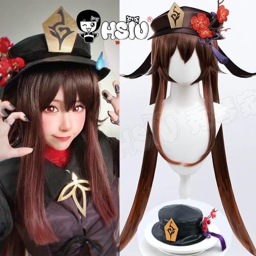 Hu Tao cosplay wig Genshin Impact cosplay HSIU Dark brown light brown gradient double ponytail long hair Imitation leather hat