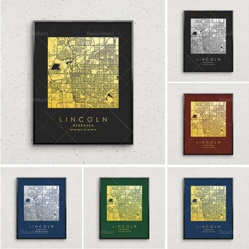 Lincoln map printing gold and silver printing square city map wall art poster personalized gift creative travel home office deco