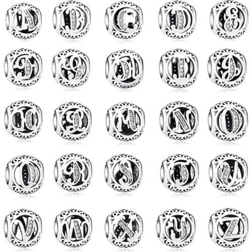 Silver Plated Vintage A To Z Alphabet Letter Beads Fit Original Charm Bracelet Bangle DIY Jewelry
