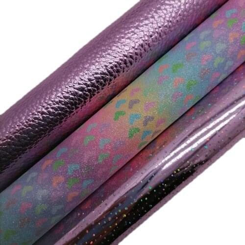 Rainbow Hearts Printed Glitter leather, Pink Litchi Synthetic Leather Smooth Patent Faux Fabric For Bows Earrings 21x29CM KM605
