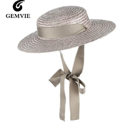 GEMVIE Brim Flat Top Straw Hat Summer Hats For Women Ribbon Beach Cap Boater Fashionable Sun Hat With Chin Strap