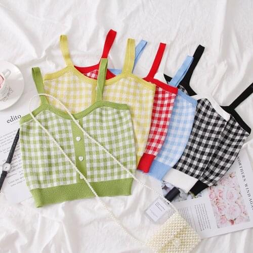 OUMEA Women Knitted Cami Top Summer Knitting Plaid Croped Top Sleeveless Buttons Front Vintage Spaghetti Going Out Sexy Top 2020