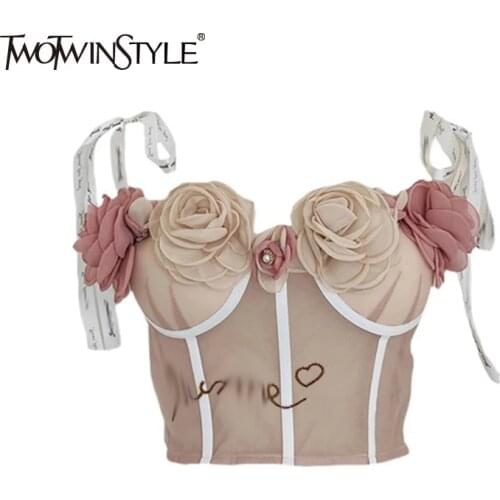 TWOTWINSTYLE Patchwork Flower Vests For Women Square Collar Sleeveless Slimming Hit Color Camis Females Summer Clothing 2021 New