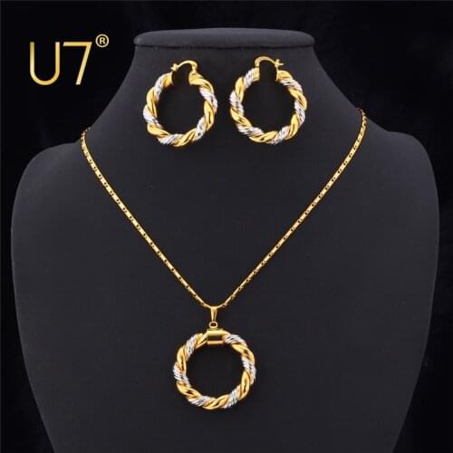 U7 Two Tone Gold Siver Pendant Necklace & Big Round Twist Chunky Hoop Earrings Women Jewelry Sets Valentines Day Gift S544