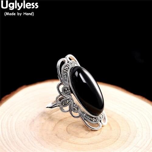 Uglyless Big Size Gemstones Wide Exaggerated Rings for Women Cool Agate Black Rings Corundum HOT PINK Exotic Jewelry 925 Silver