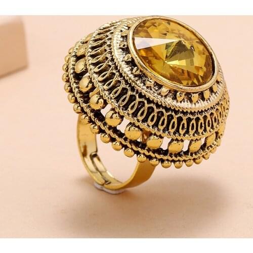 Vintage Ethnic Opening Adjustable Ring Antique Gold Boho Champagne Crystal Wedding Rings For Women Fashion Jewelery Bague Femme