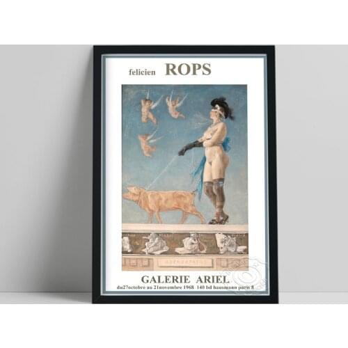 1968 Felicien Rops Vintage Exhibition Poster, Rops The Lady With The Pig Canvas Painting, Belgian Comics Colored Drawing Decor