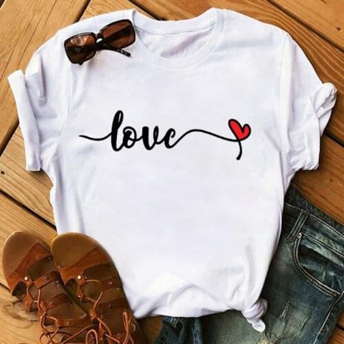 Love Heart Women T Shirt Casual Cartoon Printed Shirt Loose Femme Plus Size Tops Tees Streetwear White O-neck Tshirts