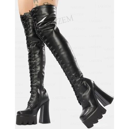 BERZIMER Over Knee Boots For Women Round Toe Block Thick Heels Boots Frauen Stiefel Faux Leather Shoes Woman Big Size 38 40 41