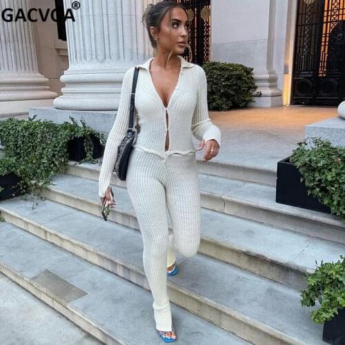 GACVGA Knited Bodycon Jumpsuit 2021 Autumn Casual Rompers Women Crop Top Button Links Pants Two Piece Set Y2K Overalls Traf