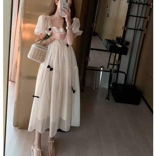 2020 New Lady French Square Collar Midi Dress Vintage Sweet Female Puff Sleeve Dress Casual Street Women Party Vestidos