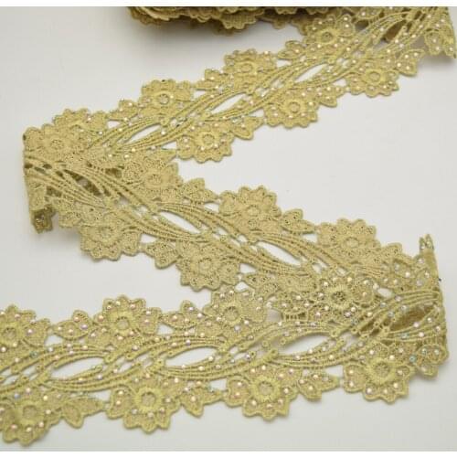 15yards Gold Metallic Embroidered Lace Trim ribbon with rhinestone Motif Crochet Cord Venice Applique