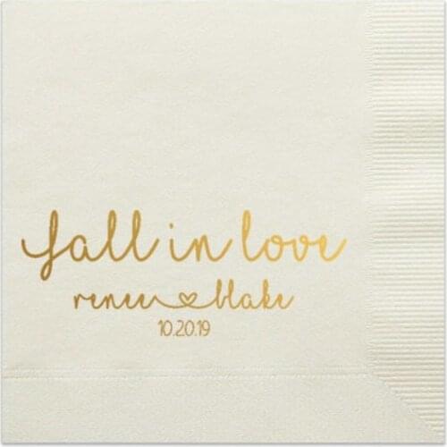50pcs Personalized Napkins Beverage & Luncheon Size Available Wedding Napkins Shower Engagement Custom Monogram Fall in Love