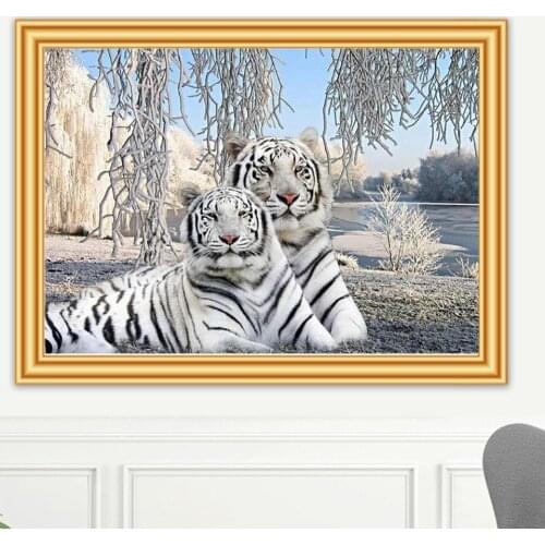 5D DIY Diamond Painting Animal White Tiger Cross Stitch Kit Full Drill Embroidery Mosaic Art Picture of Rhinestones Decor Gift
