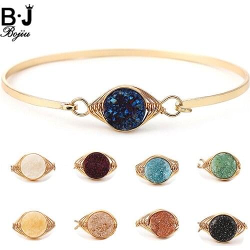 BOJIU 2021 New Fashion Golden Bangles For Women Chic Round Natural Quartz Druzy Stone Copper Metal Bracelets Femme Jewelry BR045