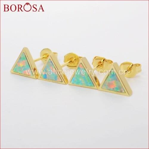 BOROSA 5Pairs Fashion Gold Bezel Triangle Shape White Opal Japanese Opal Stud Earrings Gems Earrings for Women ZG0209
