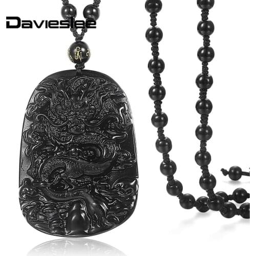6mm Mens Natural Obsidian Pendant Necklace Womens Black Stone Pattern Cross Dragon Pendant Bead Chain Rope Adjustable DONM01