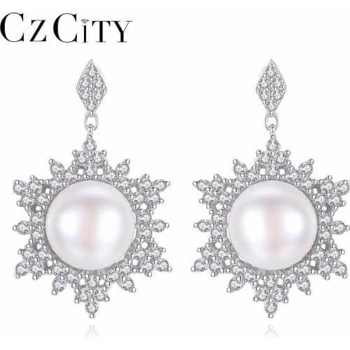 CZCITY Brands Snow White Cubic Zirconia Stud Earrings Freshwater Pearl Sterling Silver 925 Vintage Earrings Boho Jewelry Gift
