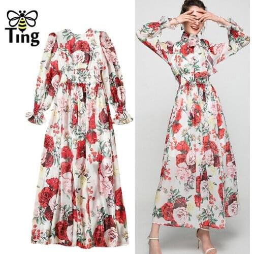 Tingfly Designer Floral Aesthetic Flowy Chiffon Maxi Long Dresses High Quality Elastic Waist Cottagecore Goblincore Elbise Robes