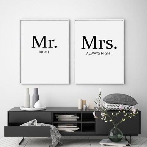 Mr Right Mrs Always Right Lover Quotes Art Print Canvas Painting Abstract Black and White Wall Picture Bedroom Decoration Poster