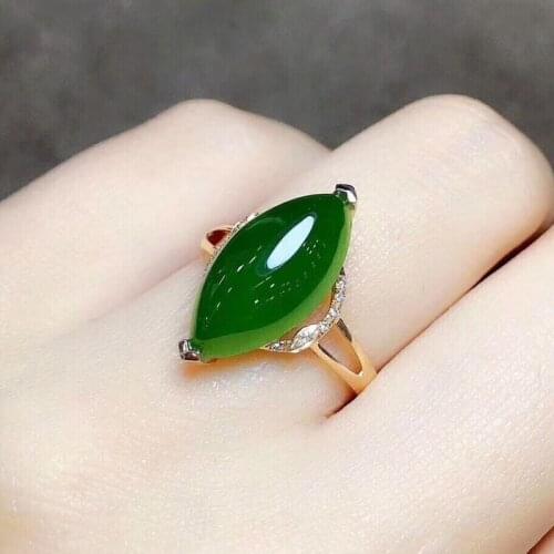 Natural Green Jade Pulp Hand Carved Water Drop Ring Fashion Boutique Jewelry Womens 925 Silver Inlaid Ring Opening Adjustable