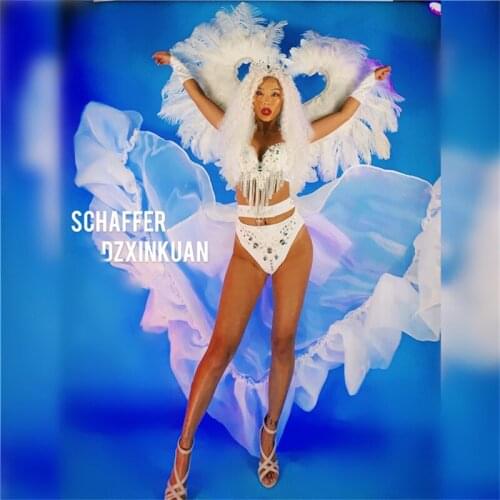 M37 Ballroom dancing costumes stage wears catwalk cloak white bodysuit dresses bar performance singer feather wings clothing dj