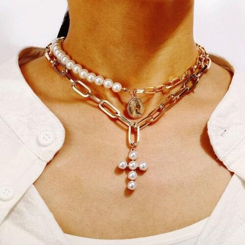 Multilayer Bohemian Imitation Pearls Choker Necklace for Women Cross Pendant 2020 Fashion Gold Coin Shell Pearl Cross jewelry
