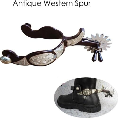 German Silver Encrusted Riding Spurs 2pcs Horse Riding Bronzed Western Spurs Leather Belt Mild Steel Manual Carving Cowboy Spurs