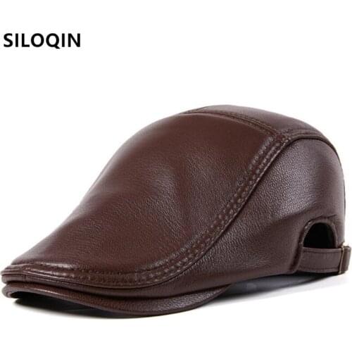SILOQIN New Autumn Mens Natural Genuine Leather Hats Sheepskin Berets Snapback Cap Adjustable Size Male Bone Casual Sports Caps