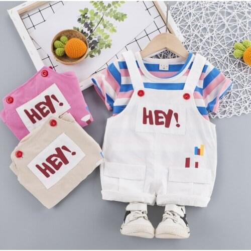 Summer New Pure Cotton Casual Baby Boys Striped Short-Sleeved T-Shirt+ Overalls Short Jumpsuit Clothing Sets Cute Infant Outfit