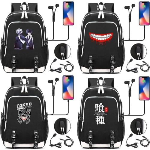 New Cartoon Tokyo Ghoul Printed USB Headphone Jack Boy Girl Kids School Bag Women Bagpack Canvas Men Backpack Packsack Bookbag