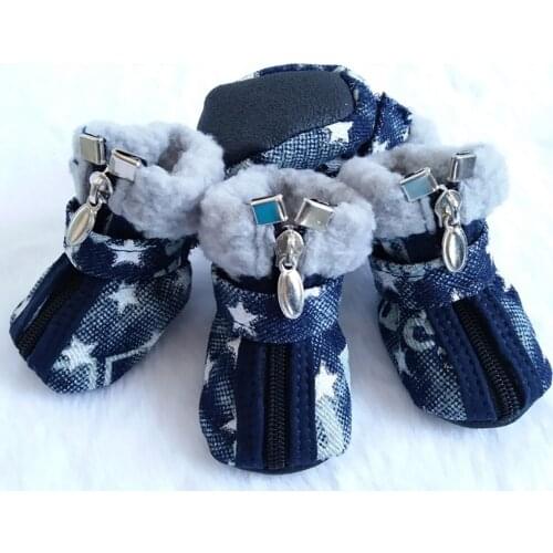 Pet Dog Shoes Anti-Slip Denim Zipper Rain Snow Boots Shoes For Dogs Winter Warm Wearable Dog Shoe For Small Medium Dogs Shoes