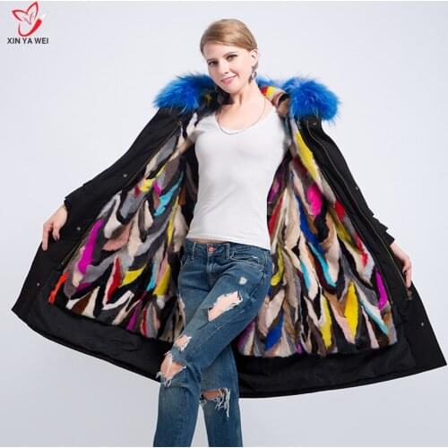 New Fashion Women Luxurious Large Raccoon Fur Collar Hooded Coat Warm Mink Fur Liner Parkas Long Winter Jackets Top Quality