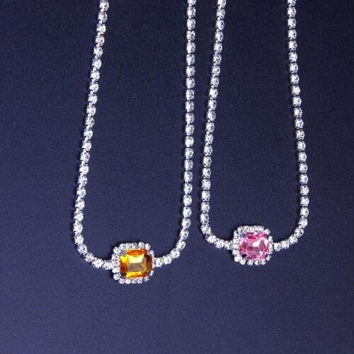 Korean Fashion Women Simple Shiny Square Pendant Rhinestone Crystal Necklace Girl Clavicle Choker Chain Party Jewelry Gift