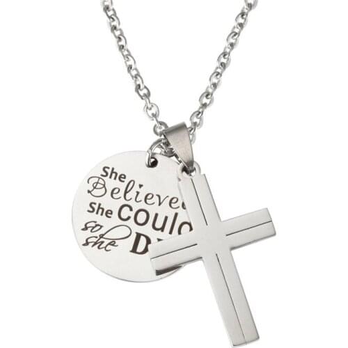 Inspirational Gift Necklace Lettering She believed she could so she did Necklace Cross Pendant Stainless Steel Jewelry