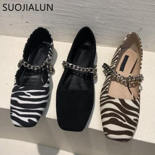 SUOJIALUN Women Zebra Pattern Ballet Brand Design Luxury Chain Square Toe Shallow Flats Shoes Women Slip-on Loafers Casual Shoes