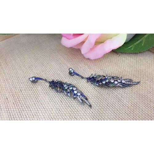 Blue mixed color 925 sterling silver with cubic zircon feather drop earring fine women jewelry free shipping high quality