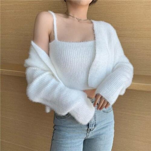 Women Two Piece Set 2021 Autumn Winter Korea Solid Color Spaghetti Strap + Long Sleeve Knitted Cardigan Sexy Jacket Suit Female