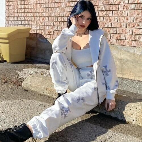 Za Fried Street Two Piece Hoodie Cross Rhinestone Straight Tube Wide Pants Suit Woman Harajuku Gothic Casual 2021 Fall Winter