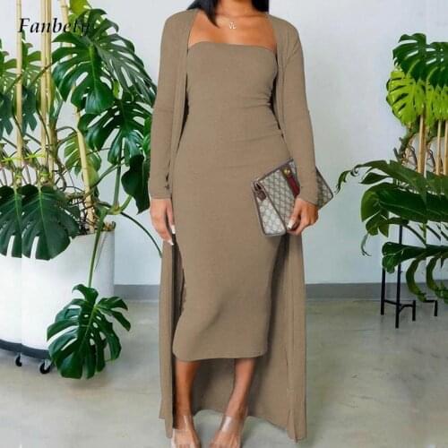 Autumn Winter Solid Office Lady Outfits Fashion Elegant Strapless Bodycon Dress+Long Sleeve Cardigan Tops Suits Casual Home Wear
