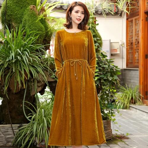 Women 2021 Autumn New Fashion Mid-long Golden Velvet Dress Female Solid Color Loose Vestidos Ladies O-Neck Pullover Dresses V628