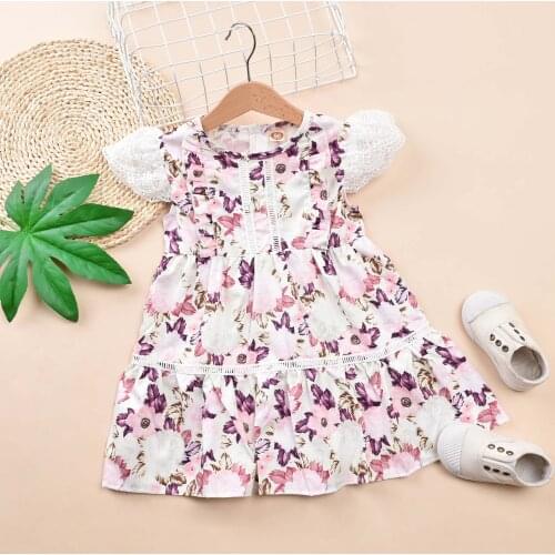 FOCUSNORM 1-6Y Summer Infant Kids Girls Sweet Dress Lace Ruffles Sleeve Flowers Printed A-Line Knee Length Dress