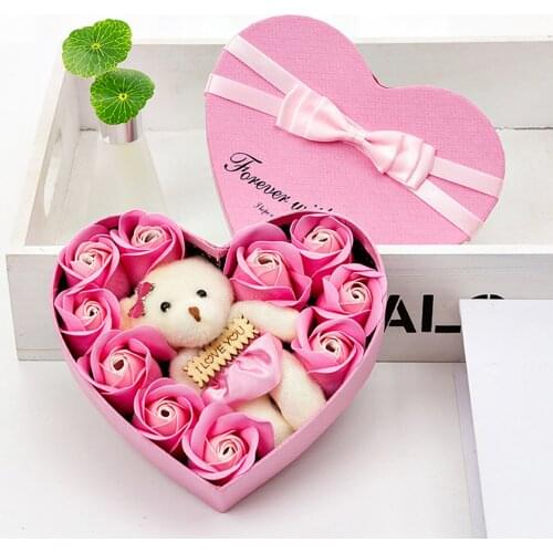 10pcs Rose Flowers Gift Box Eternal Soap Rose Gift Box Heart-shaped Soap Rose Bear Gift Box Wedding Valentines Day Gift Box