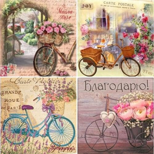 AZQSD Diamond Embroidery Bicycle Flower Text Mosaic Full Drill Needlework Diamond Painting Landscape Cross Stitch Home Decor