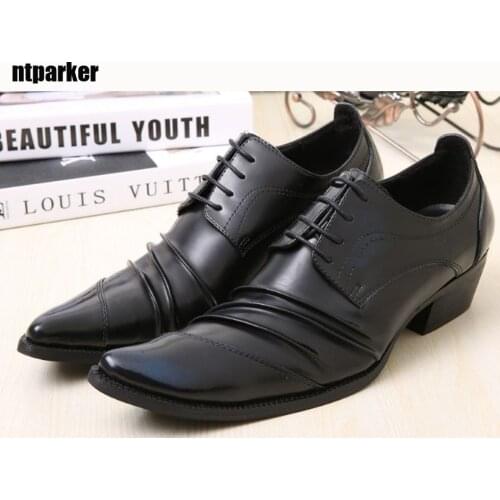 Ntparker Western Men Leather Shoes Black Square Toe Height Increased Mens Business Leather Shoes, EU38-46