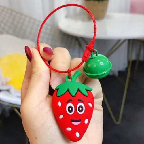 2020 Cartoon Simulation Fruit Strawberry carrot watermelon Keychain 3D Soft PVC Bell Key Chains Women Birthday Gift