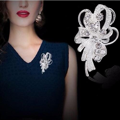 Bow Brooch Rhinestone Flower Brooches for Women Large Bowknot Brooch Pin Simple Fashion Jewelry Wedding Pin Corsage Accessories